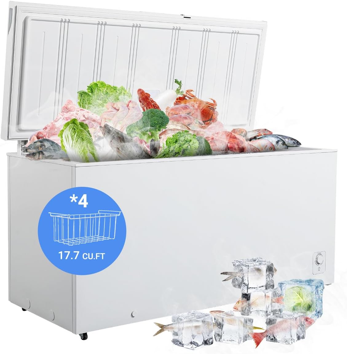 Smad Chest Freezer 17.7 Cu.Ft, Large Deep Freezer with 4 Removable Basket and Lock, 8 Adjustable Temperature, Low Noise, Perfect for Home, Kitchen, Garage and Basement, White
