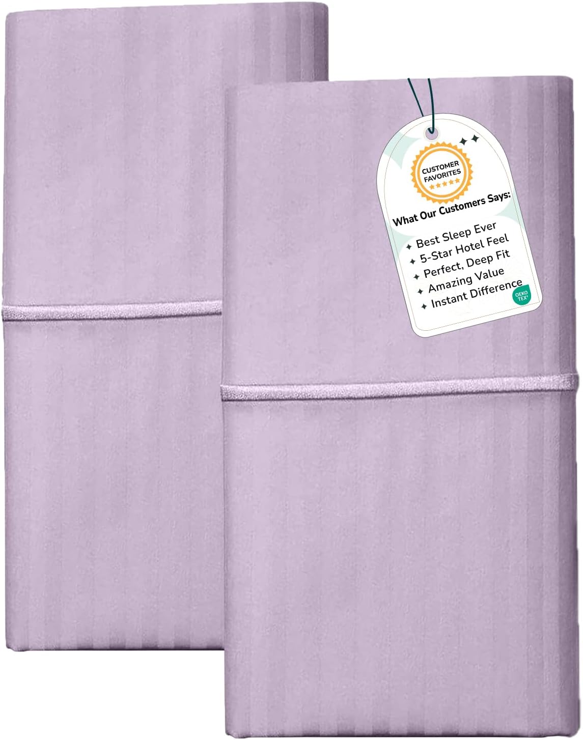 Feather & Stitch 100% Cotton Standard Pillow Covers Set of 2, 500TC Envelope Closure Pillowcases, Soft Luxury Damask Stripe Sateen Weave Pillow Case for Sleeping, 20x30 Inches - Lavender