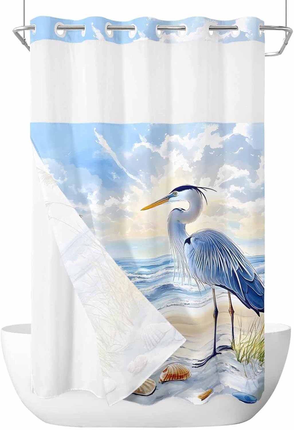 Shower Curtain with No Hooks Snap in Liner Set, Ocean Blue Seabird Beach Birds Cloud and Sky Farmhouse Bath Curtains See Through Sheer Top Window for Bathroom Hotel Style Decor,36"x72"