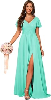 V Neck Bridesmaid Dresses for Teens Pleated Side Slit Formal Dress with Pockets YMS143