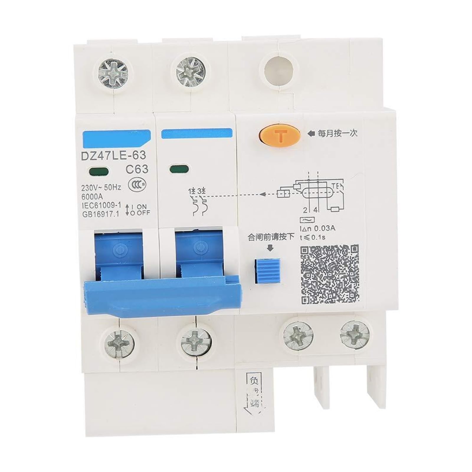 Disjoncteur différentiel 2P 63A 30mA 230V Dz47Le-63 C63 pour protection tableau