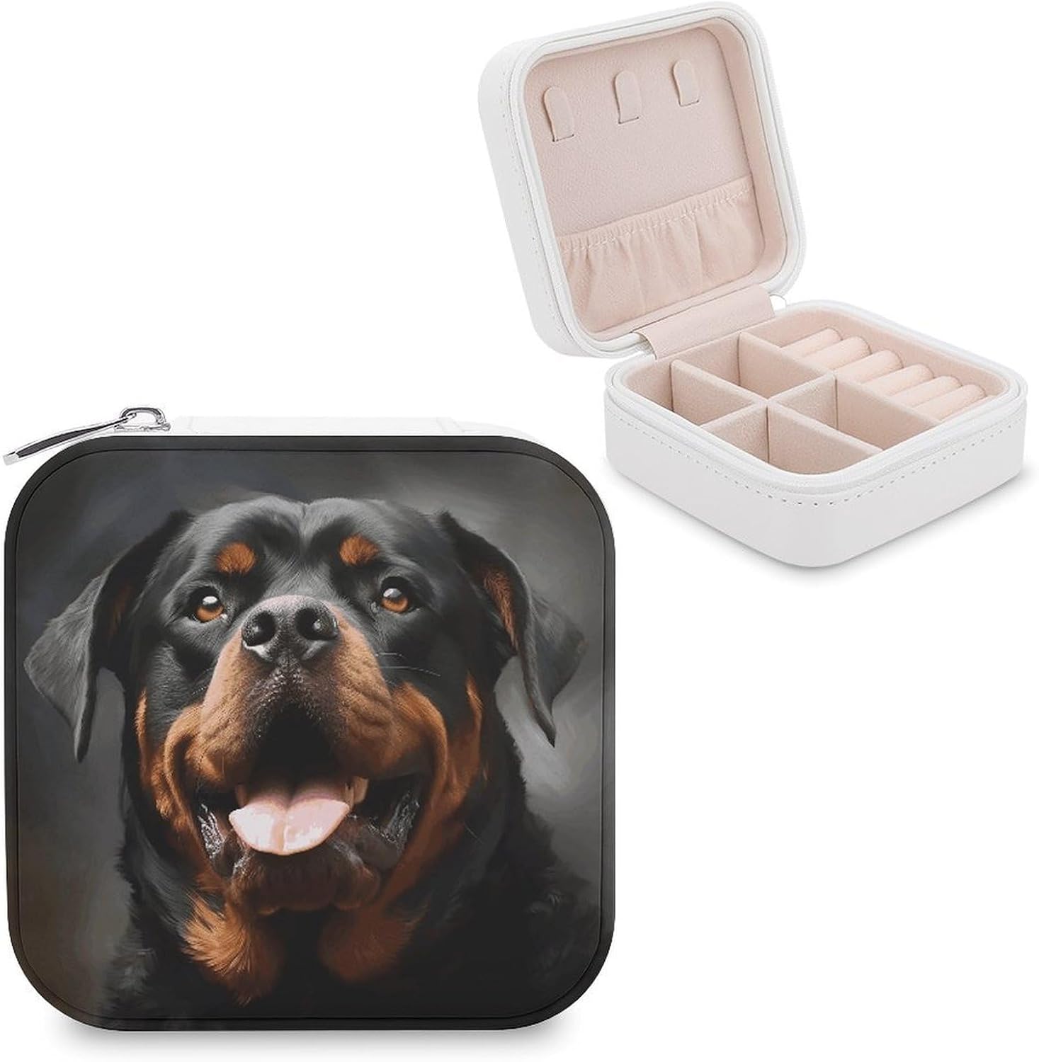 Cool Rottweiler Dog Art Travel Jewelry Case Organizer PU Leather Jewelry Box Personalized Trinket Organizer Small Earring Case Cute Ring Box for Girls Women