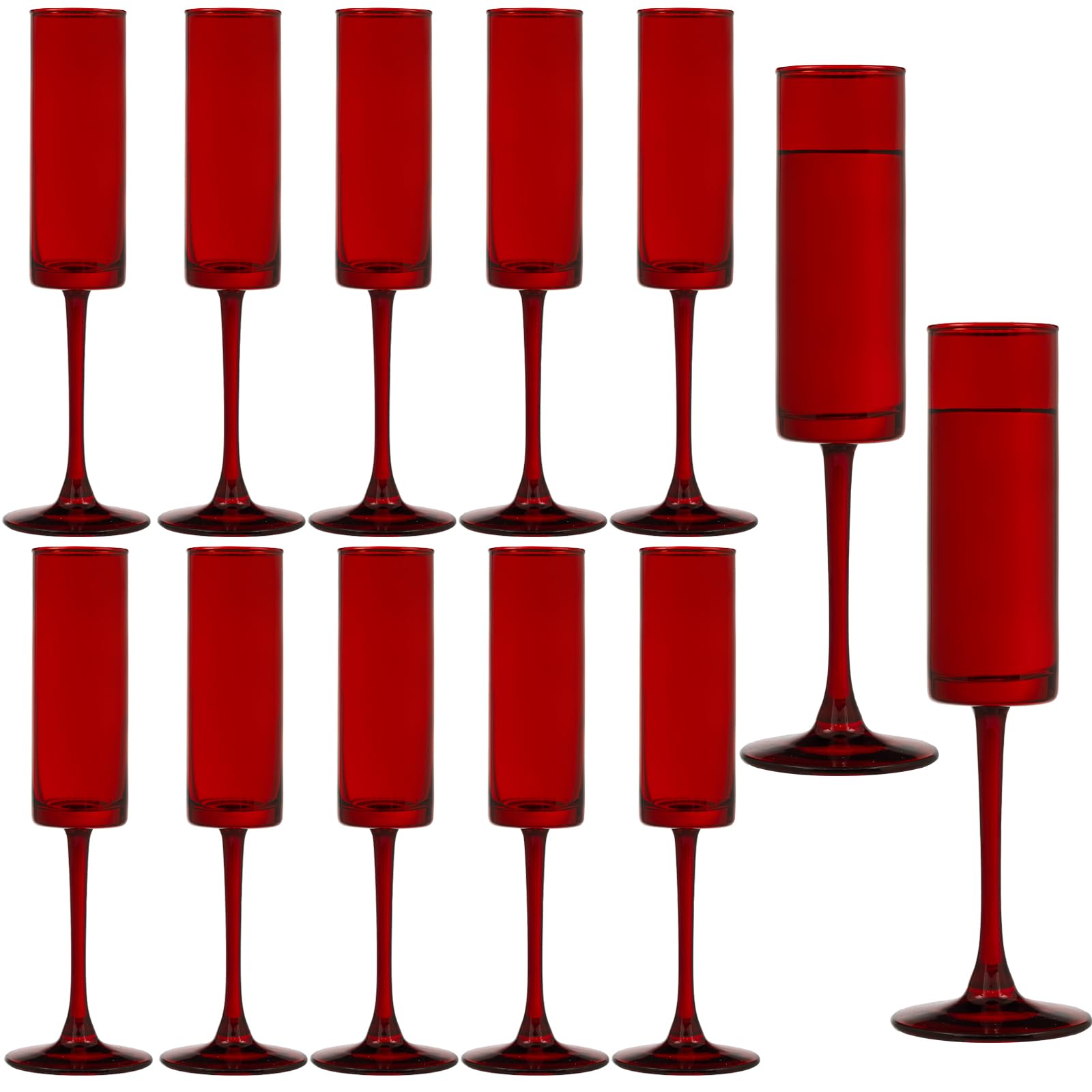 12 Pieces Red Champagne Flutes 6 OZ Straight Sided Wine Glasses Champagne Long Stem Drinking Colored Glasses,Set of 12 Hand Blown Champagne Flutes Goblets for Wedding Cocktail Cups,Cava, Prosecco
