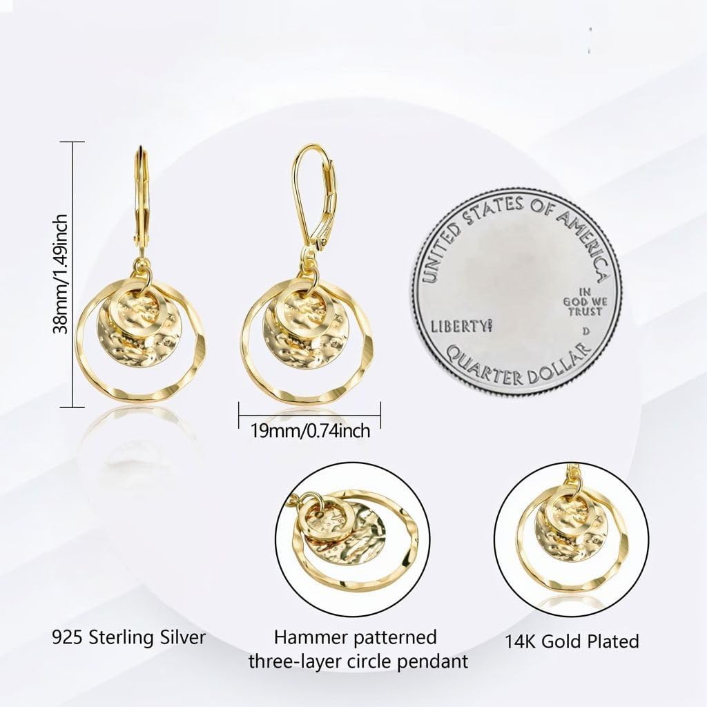 Hypoallergenic Bohemian Disc Leverback Dangle Earrings for Women - Gold/Silver Two-Tone Circle Flat Hammer Pattern Fashion Jewelry Gifts Hammered Drop Earrings - Image 7