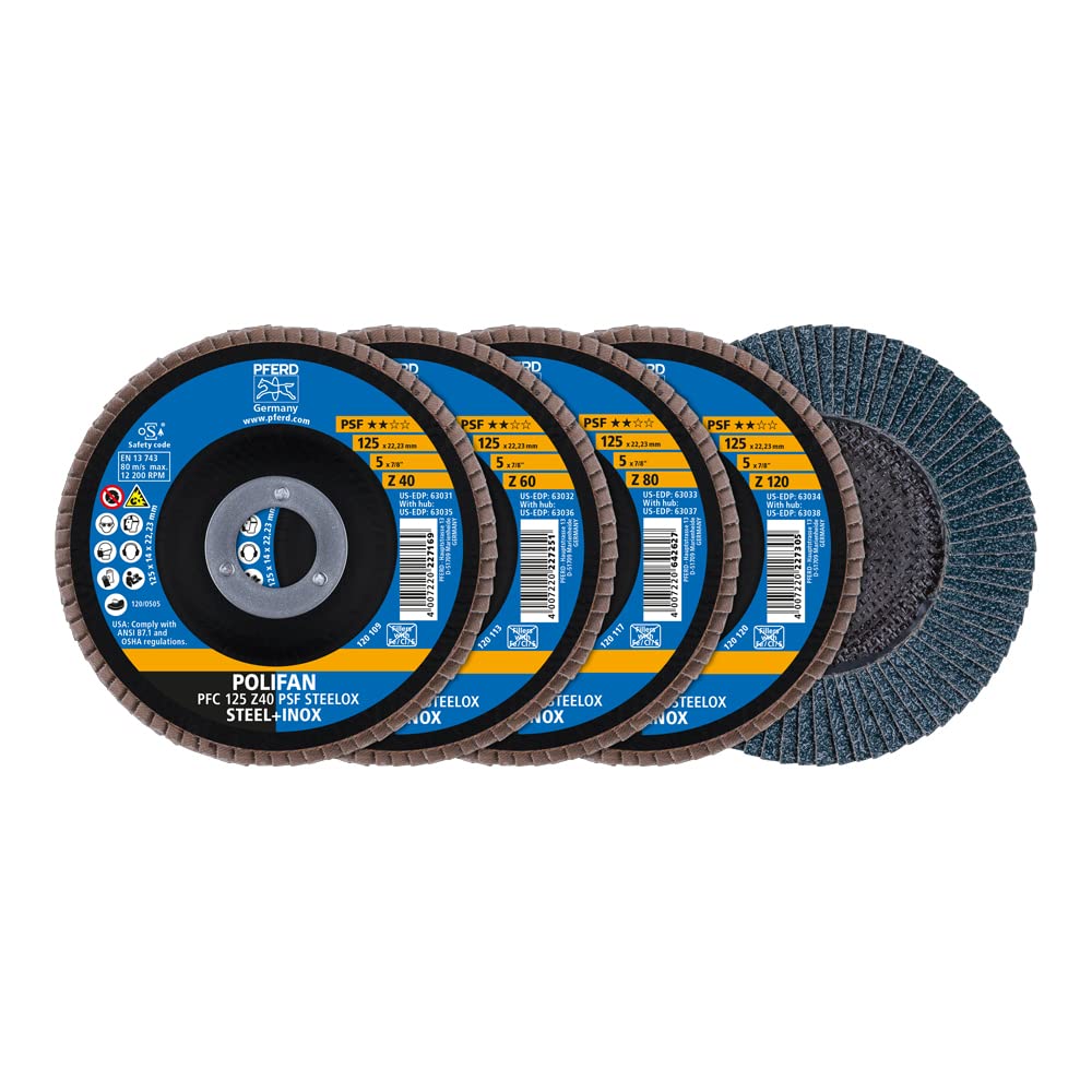 PFERD Polifan Flap Washer Pack of 5 | Diameter 125 mm, Z 120, Conical, PSF Steelox | 69398195 - for Steel and Stainless Steel (INOX)