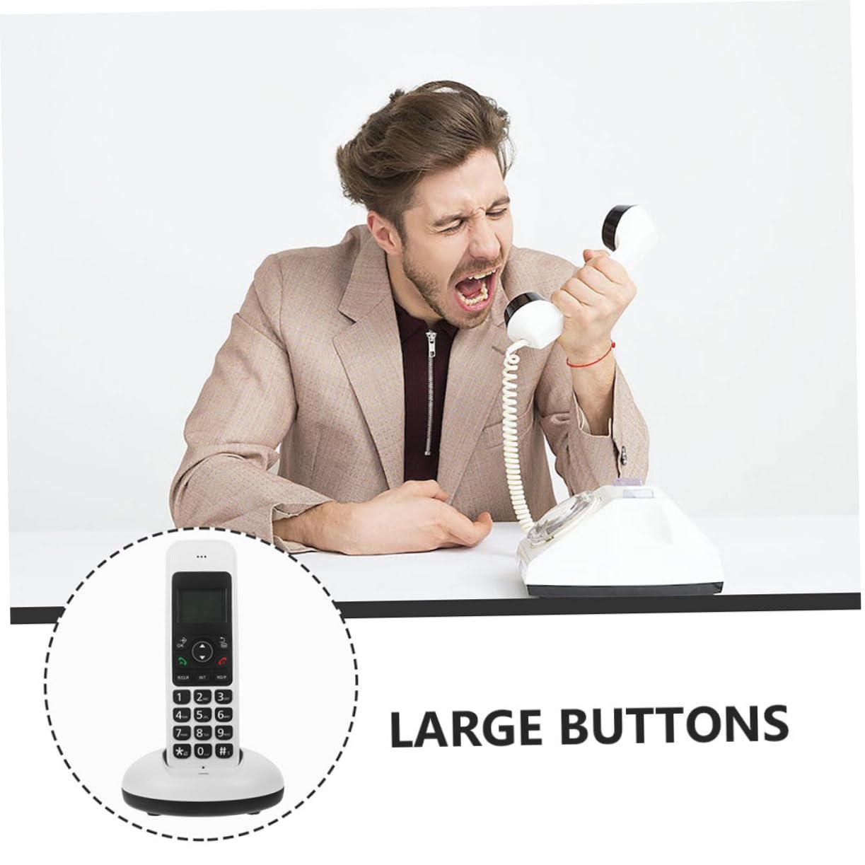 Telefono Cordless da Casa a Grandi Tasti Bianco Display LCD | Funzione Espandibile, per Uso Domestico e Ufficio, Accessoriato Batteria Aaa