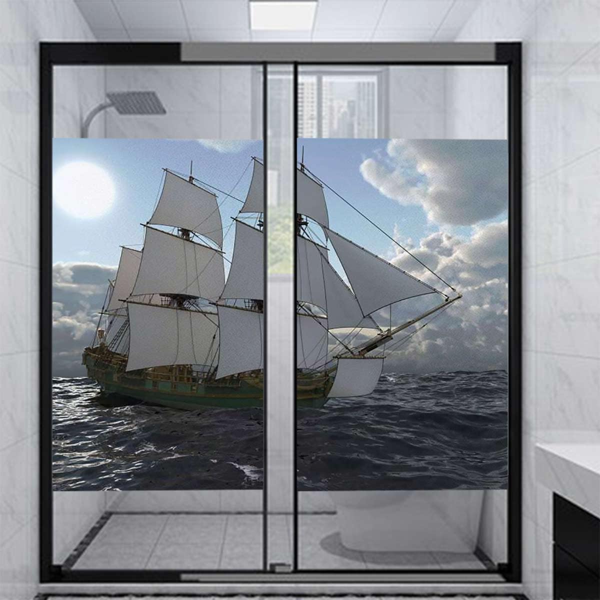 Amazon｜海軍 窓ガラスフィルム 帆船高船夜雨海の写真 水で貼る 剥が
