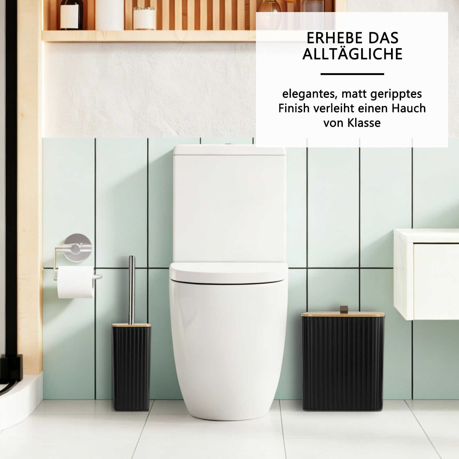 Capslpad Badezimmer Set 9 Teiliges Modern Badgarnitur Badezimmer Zubehör Set: Baumwolltupferglas Mülleimer Lotionsseifenspender Toilettenbürsten und Halter Seifenschale Zahnputzbecher(Schwarz)