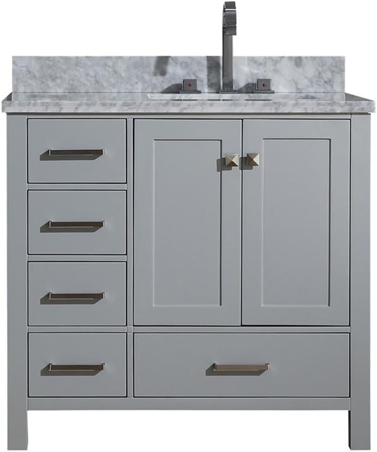 ARIEL Cambridge A037SRCWRVOGRY 37" Inch Single Right Offset Rectangular Sink Solid Wood Grey Bathroom Vanity Cabinet with 1.5" Inch Edge White Carrara Marble Countertop and Backsplash