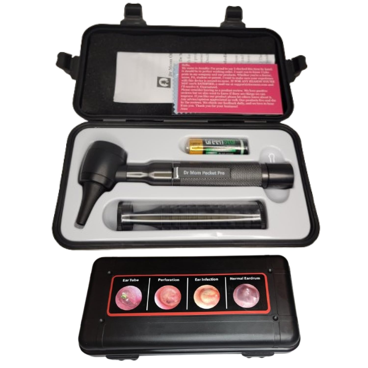 Otoscopio profesional de bolsillo LED Doctor Mom de 4ª generación con puntas de espéculo desechables para adultos y pediátricos, batería y funda protectora de plástico duro, color negro