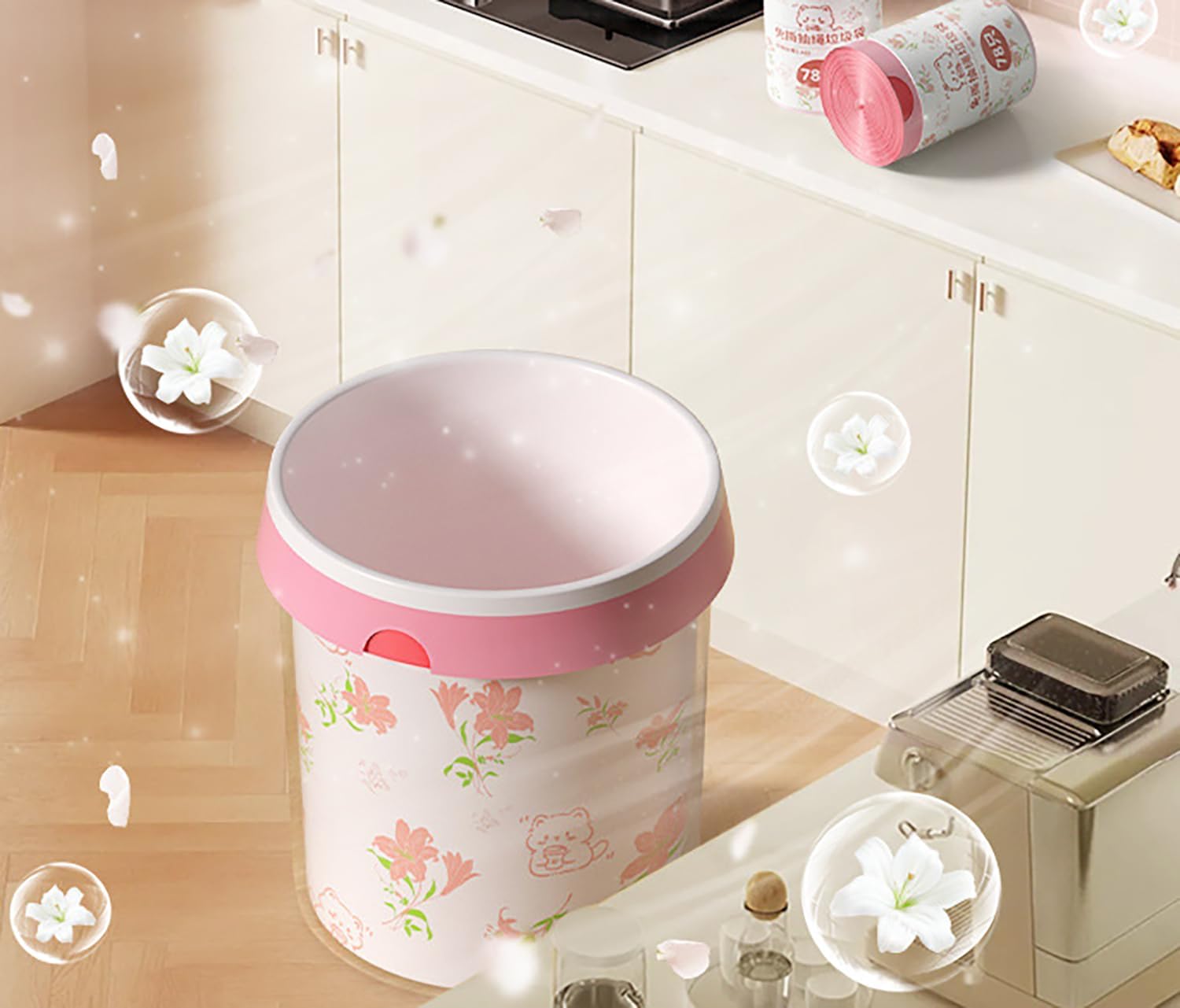 4 Gallon Small Trash Bags 312pcs Tearing-Free Drawstring for Bathroom Office Home Bedroom Trash Can with Pink Lily Printed Garbage Basket Bags