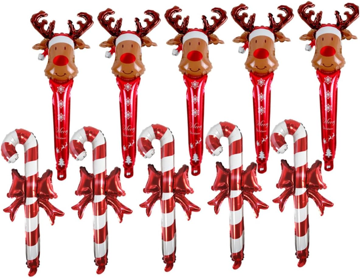 Veemoon 10pcs 24-inch Christmas Handheld Aluminum Foil Balloons Candy Cane and Reindeer Head Photo Props Party Decorations for Holiday Festival