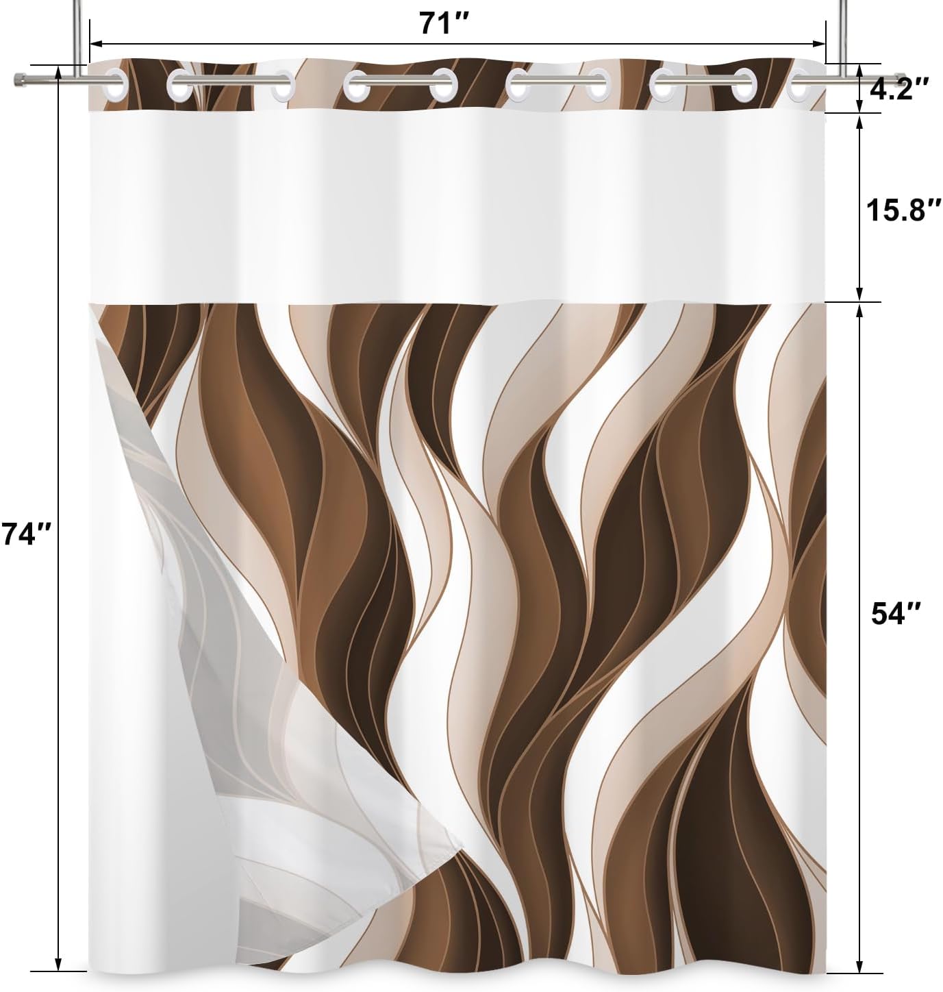 No Hook Shower Curtain with Snap in Liner, Hotel Style Modern Abstract Brown Ombre White Striped Minimalist Art Shower Curtain Waterpoof Washable with See Through Top Window,71"x74"