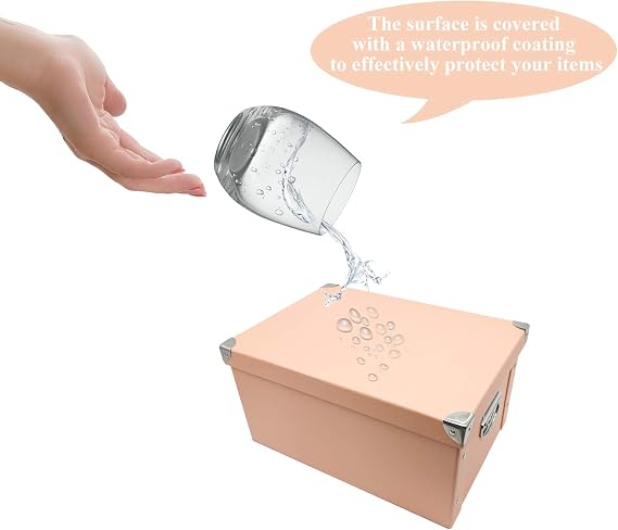 GUOZI Collapsible Storage Box, Decorative Memory Box with Lid & Metal Reinforced Corners, Cardboard File Bin Handles, Organizer Gift for Keepsake Toy Photos Office, 2pcs-pink, 35 * 25 * 17.5cm