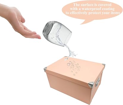 GUOZI Collapsible Storage Box, Decorative Memory Box with Lid & Metal Reinforced Corners, Cardboard File Bin Handles, Organizer Gift for Keepsake Toy Photos Office, 2pcs-pink, 35 * 25 * 17.5cm