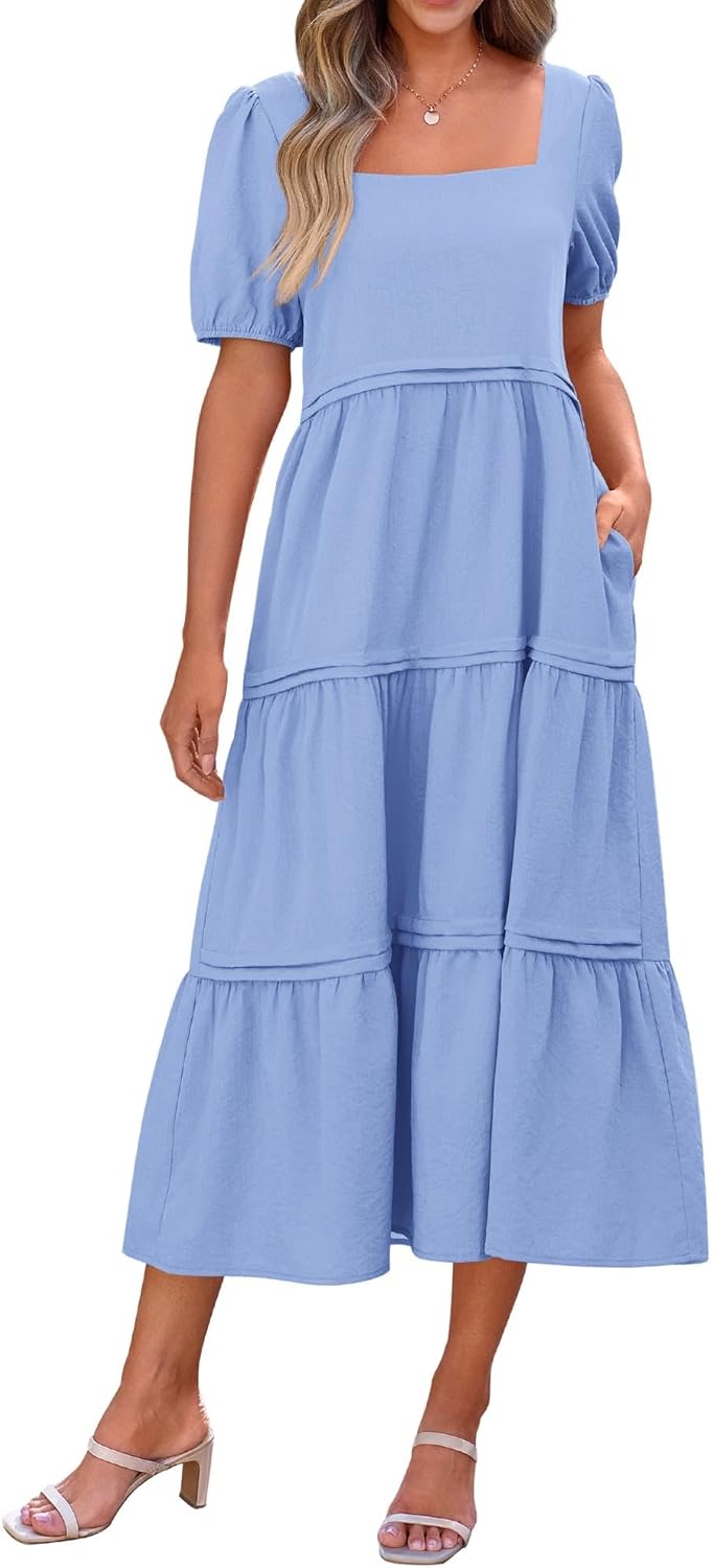 KIRUNDO Women Summer Dresses 2025 Spring Fashion Boho Puff Sleeve Square Neck Pocketed Loose Fit Tiered Flowy Maxi Dress