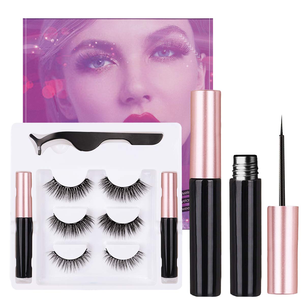 3 Pairs Magnetic Lashes and Liner Kit 3D/5D Magnetic Eyeliner and Lashes Set With Reusable Lashes - No Glue Needed