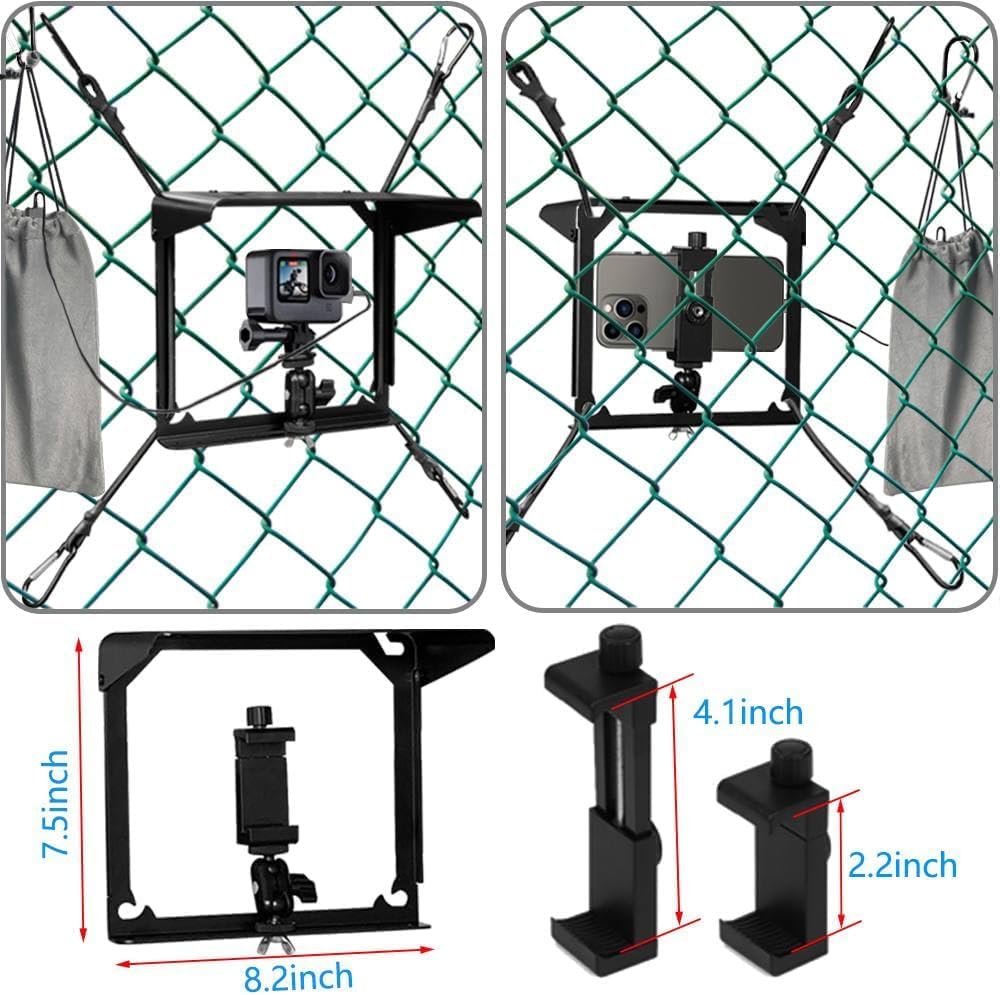 Phone Fence Mount with Shade, Phone Holder Mounting Kit for iPhone, Mevo Start, GoPro and Other Action Cameras, for Recording Baseball, Hockey, Softball and Tennis Games (Black with Bag)