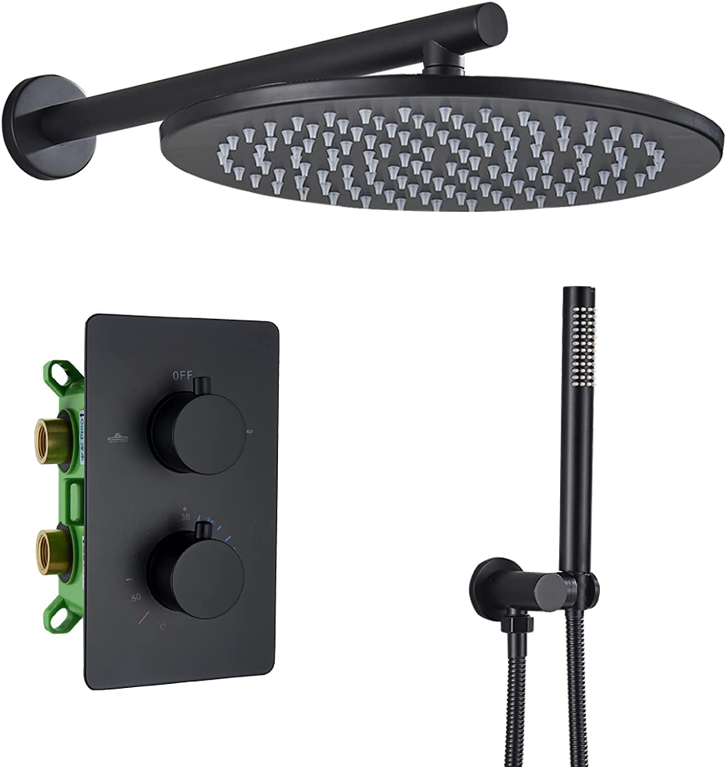 OZBMA shower set concealed system thermostatic mixer wall mounted matte black anti scald with hand and rainfall head advanced air injection technology,12