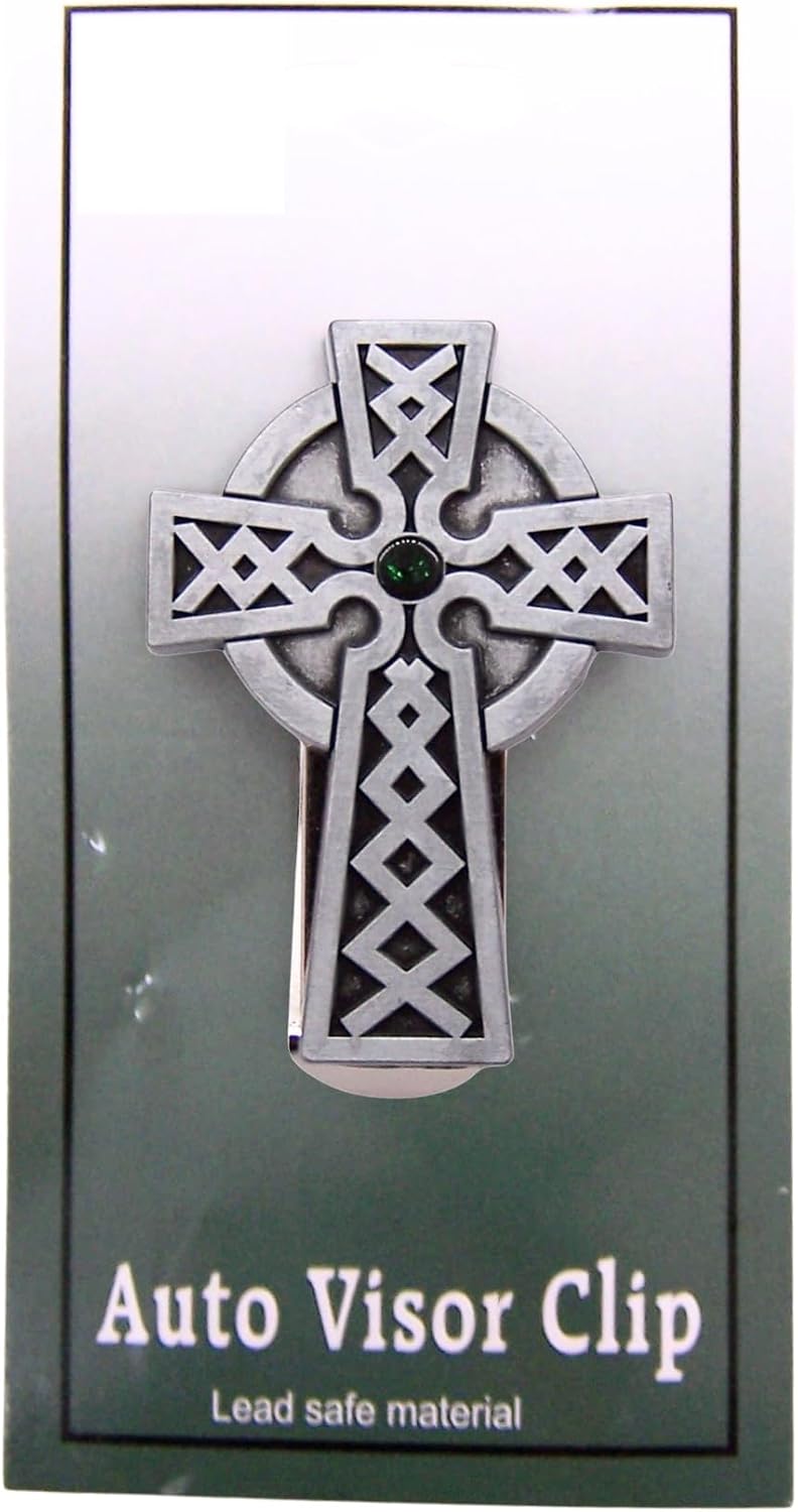 Celtic Cross Auto Visor Clip, Silver Toned with Green Center, 2 Inches image 2