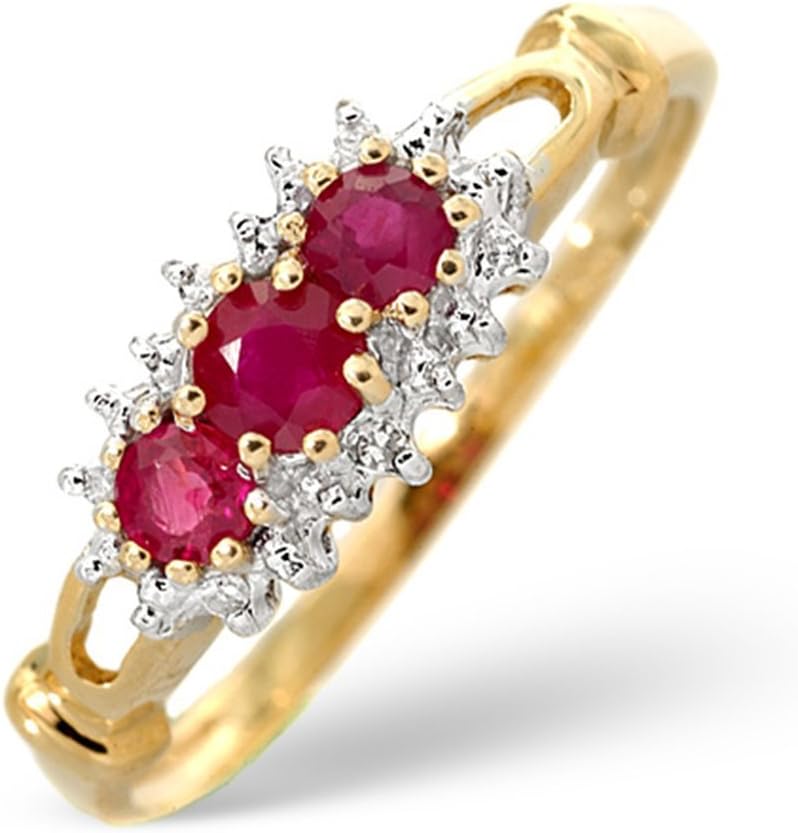 TheDiamondStore | 3 Stone Ring - Genuine Ruby & Diamond - 9K Gold
