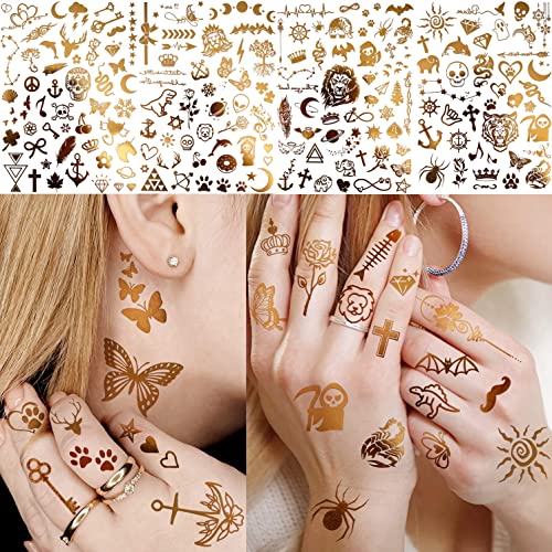 Egmbgm 9 Large Sheets 188+ Pcs Flash Gold Temporary Tattoos For Women Kids Girls Adults, Halloween Golden Animals Tiger Lion Fake Metallic Tattoo Stickers, Gadgets Bohemia Glitter Moon Fake Tattoos #TOP5