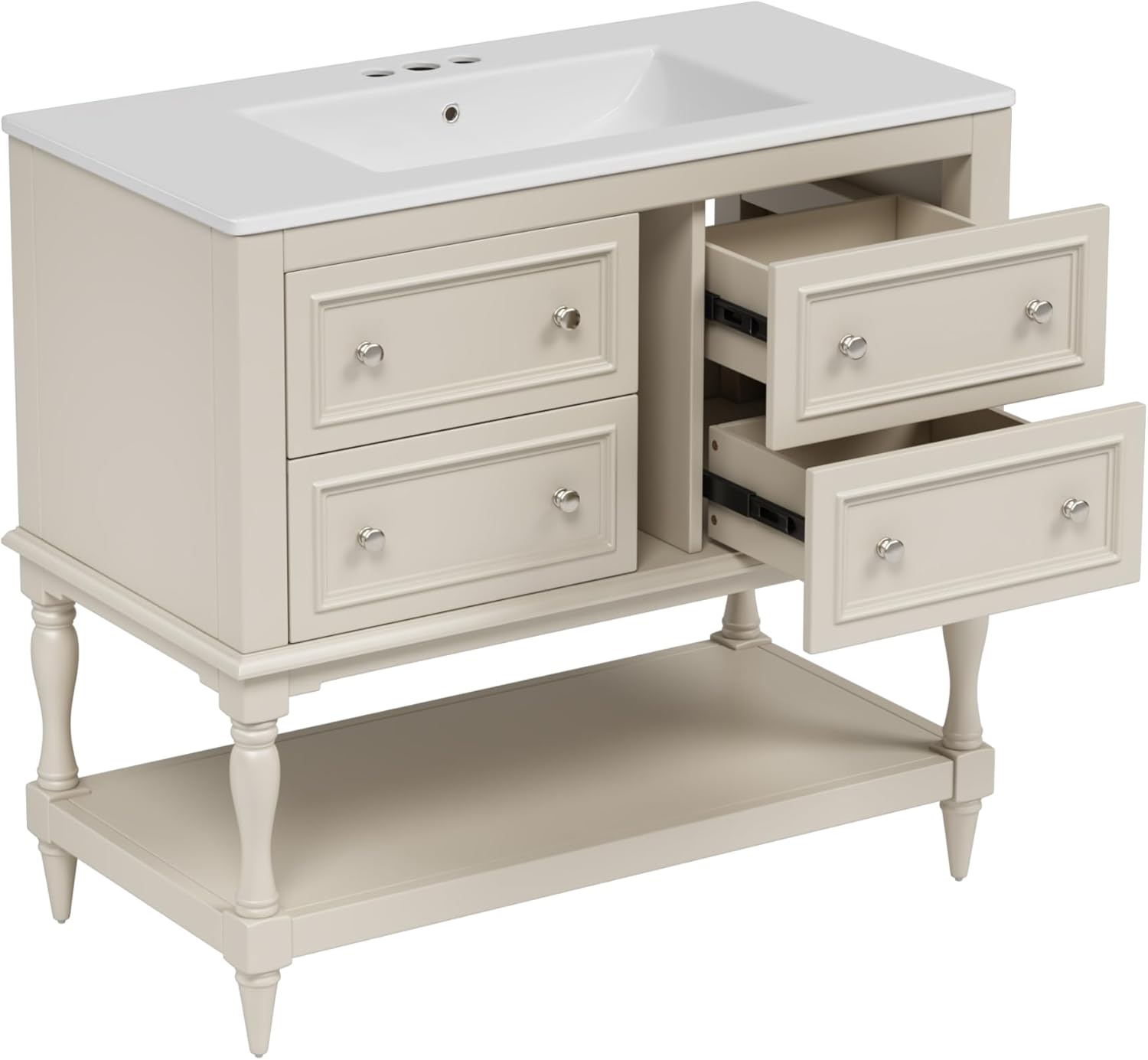 RUNNA 36" Bathroom Vanity Cabinet with Sink Combo Set,Undermount Ceramic Sink, Free Standing Vanity Set with 4 Drawers, Solid Wood Frame Bathroom Cabinet (Beige@54)