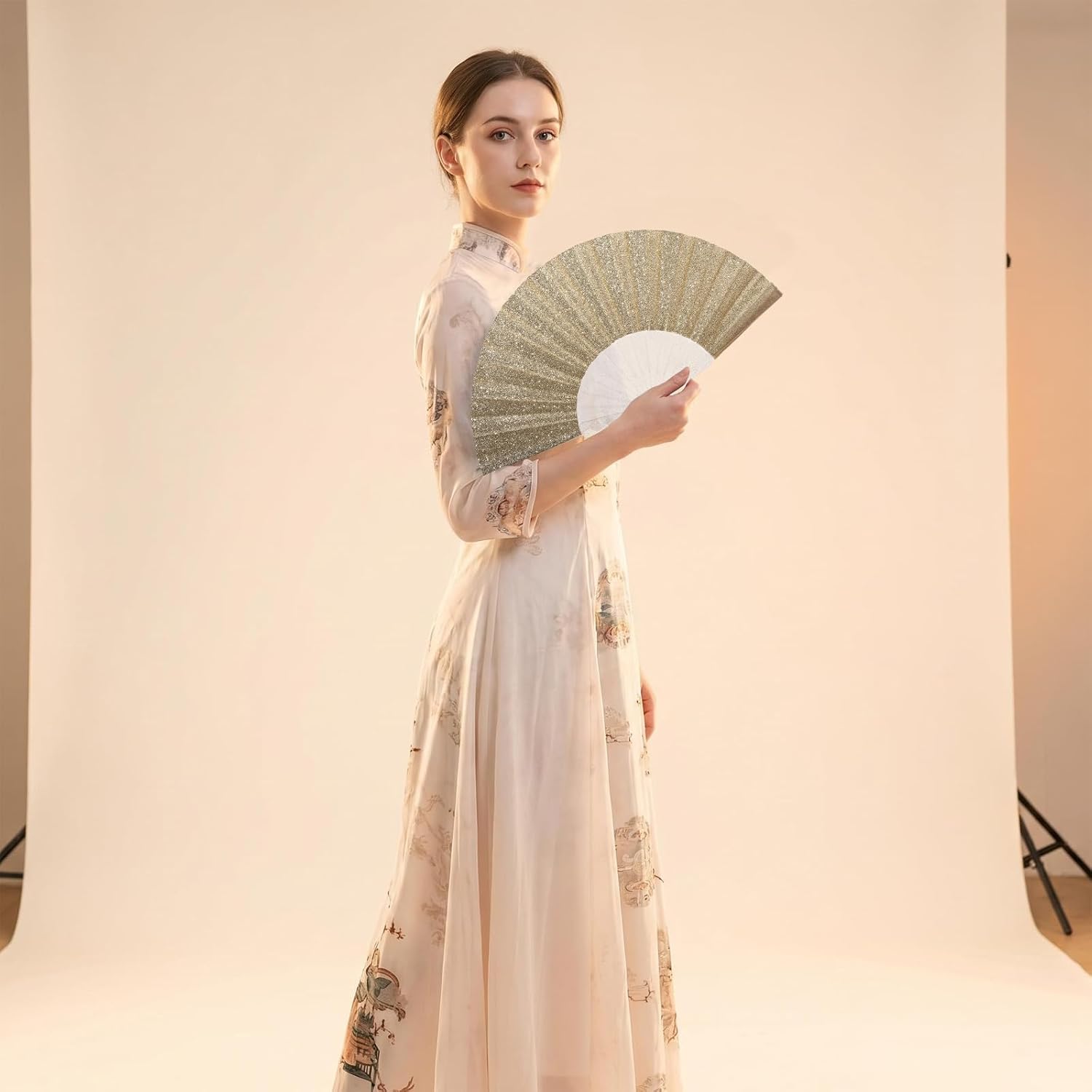 24 Pack Handheld Foldable Fan,Glitter Fan for Weddings, Tea Parties, Bridal Showers & Party Favors, Decorative Folding Fan (Light Gold)