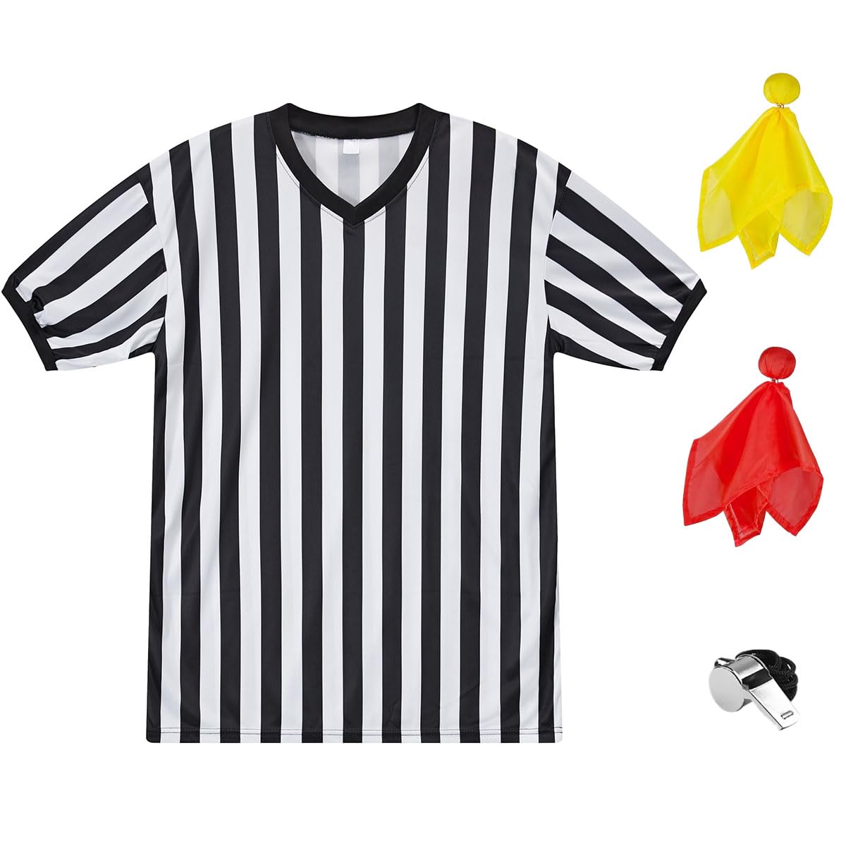 Referee Shirt Womens Men Referee Costume 4pc with Umpire Jersey Uniform Referee Flags Whistle for Football Halloween