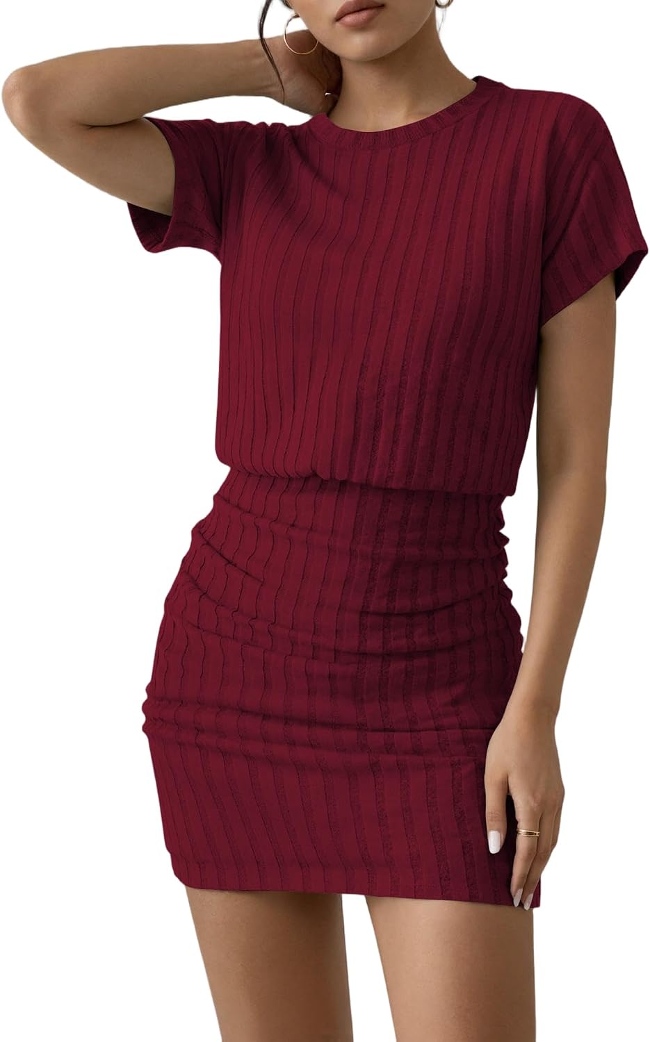 HBQ Women's Pullover Sweater Dress Casual Short Sleeve Crew Neck Cute Ribbed Knit Bodycon Mini Short Dress 2026 Summer,Wind Red,Medium