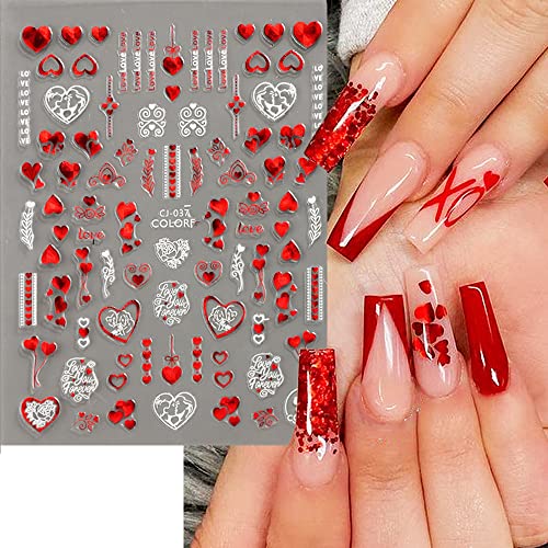Valentine's Day Art Stickers Decals 3D Self-Adhesive Valentines Day Laser White Red Love Rose Red Lips Romantic Design Nail Supplies Accessories Decoration For Women, 8 Sheets #TOP4