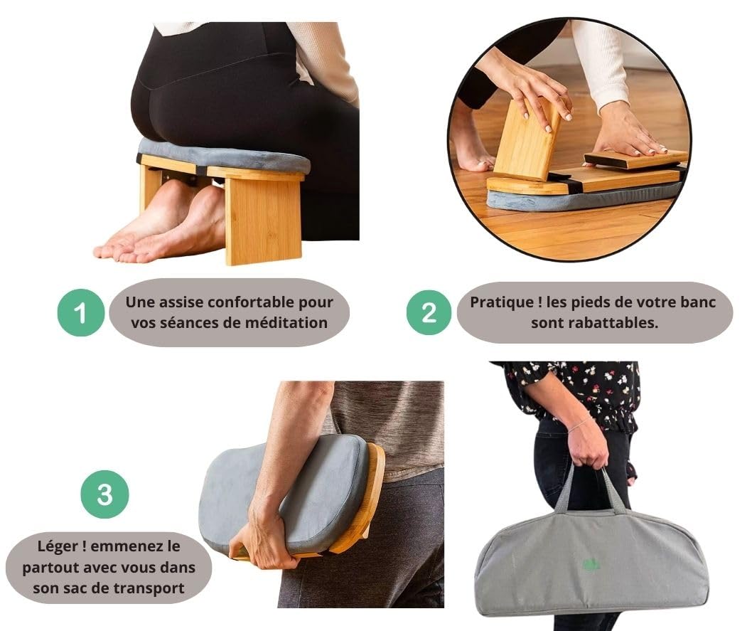 Meditationsbank, faltbar, Lotusgrau, mit Kissen und Tasche