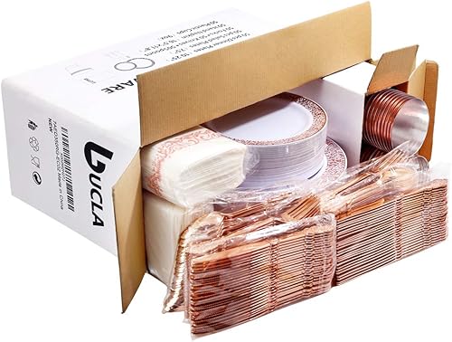 Miniatura 7 de BUCLA - 350 platos de plástico color oro rosa con cubiertos de plástico desechables y servilletas, con diseño de encaje de plástico para bodas y