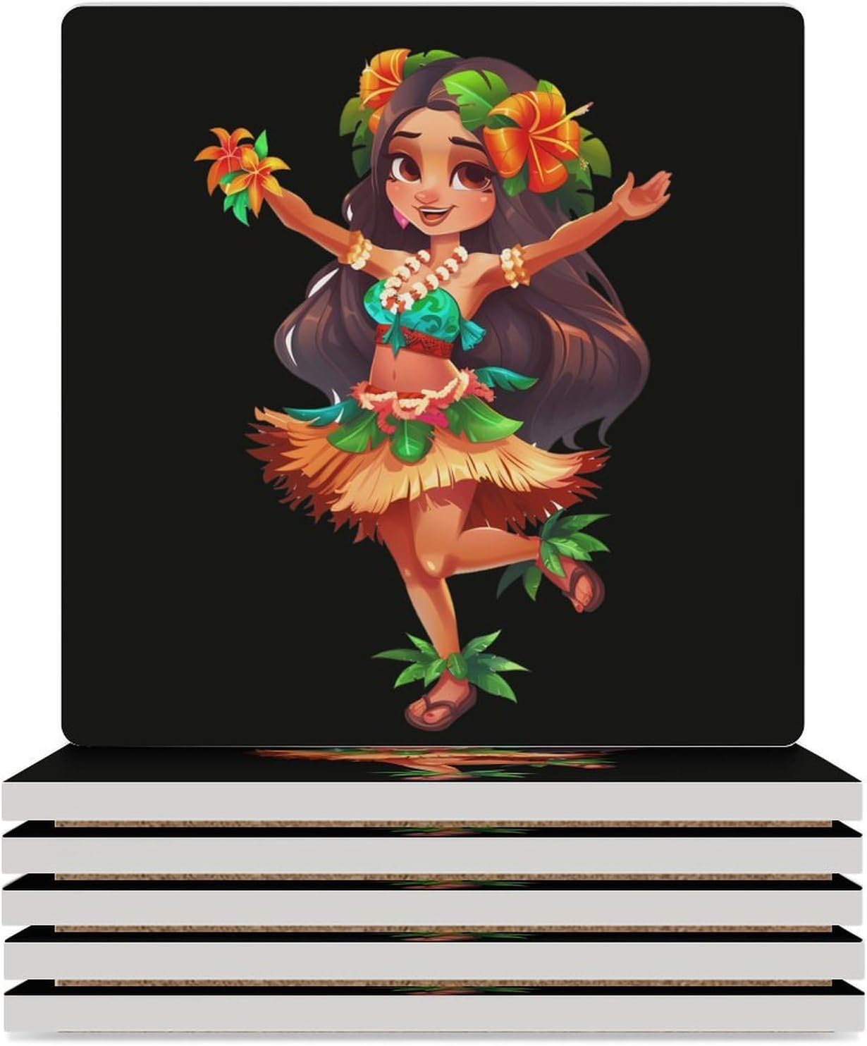 Hula Dancer Women Coaster for Drinks Square Ceramic Table Coasters Stone Mat Crafts 6PCS Home Kitchen Decor