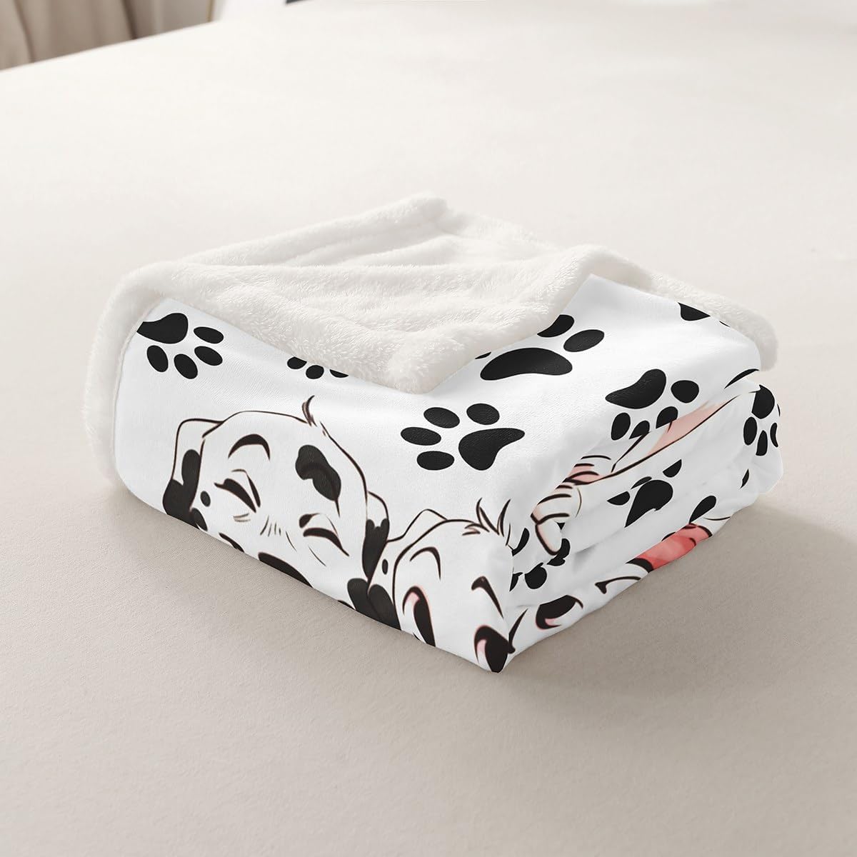 Dalmatian Dog Throw Blanket,Cute Dog Paws Print Fuzzy Blanket,Cartoon Spotted Puppy Animal Pet Rustic Fleece Throws for Bed Couch Sofa,Black White Soft and Breathable,Throw Size (50 x 60 Inches)