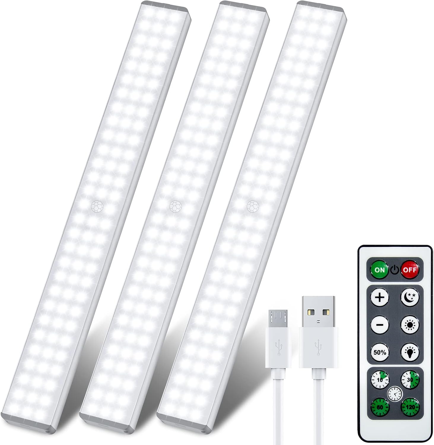 LED Closet Lights, 86-LEDs 2400mAh Kitchen Cabinet Lights with Remote Control, Rechargeable Motion Sensor Indoor, Wireless Wardrobe for Stairs Bedroom Hallway Drawer(3 Pack), White-3 PCS