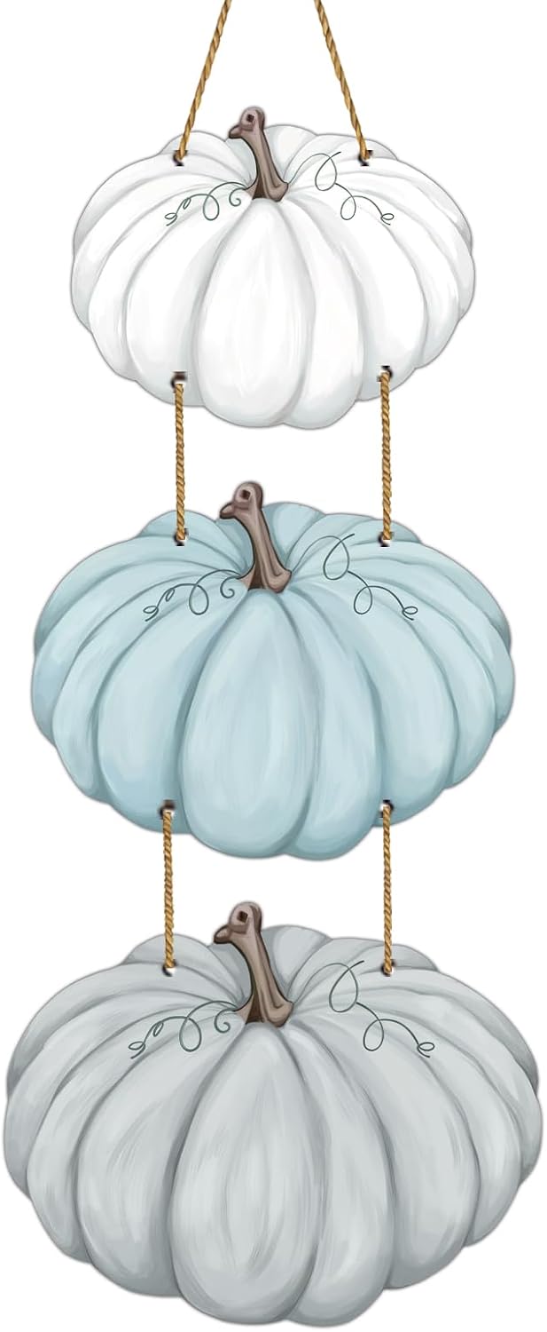 Fall Door Decor White Blue Pumpkin Wall Decor Wooden Front Door Hanger Sign for Autumn Thanksgiving Harvest Farmhouse Porch Indoor Outdoor Home Decorations