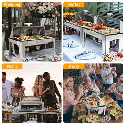 ROVSUN 3 Pack Roll Top Chafing Dish Buffet Set,9 Quart Rectangular NSF Stainless Steel Chafer for Catering,Buffet Servers and Warmers Set with Glass Window for Wedding, Party, Banquet, 2 Half Size