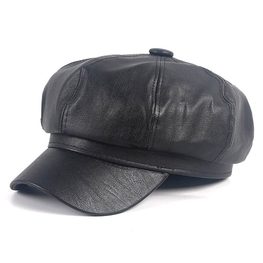 Fashion PU Leather Beret Classics Autumn Winter French Newsboy Cap for Men Women Adjustable Octagonal Hat Black