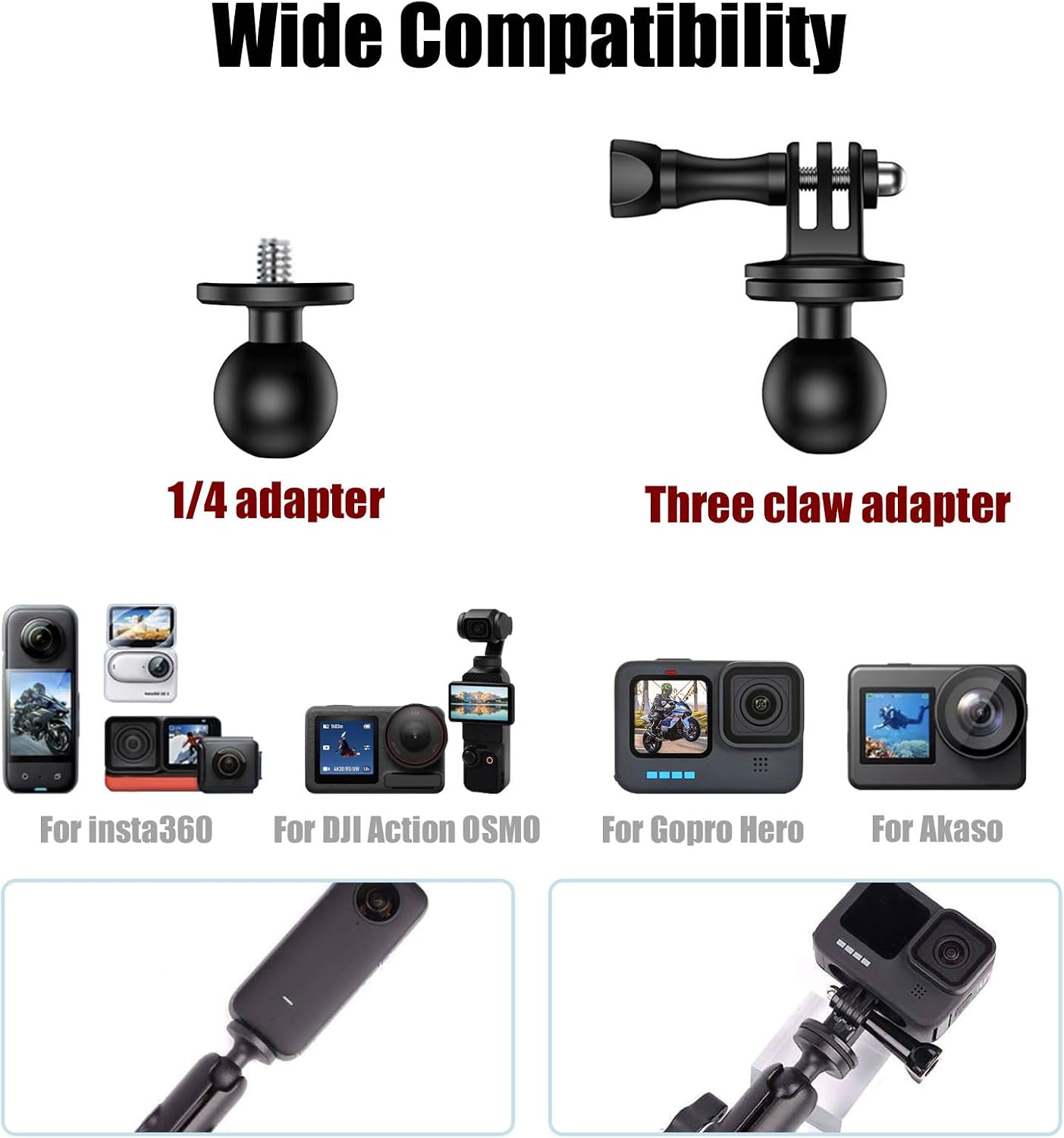 360° Motorcycle Bike Sports Camera Mount Holder Handlebar Bracket 1/4"-20 Ball Head Mount Compatible with GoPro Hero 13/12/11/10/9/8.. Insta360 X4 Ace Pro2 SJCAM DJI Action 5 Pro OSMO
