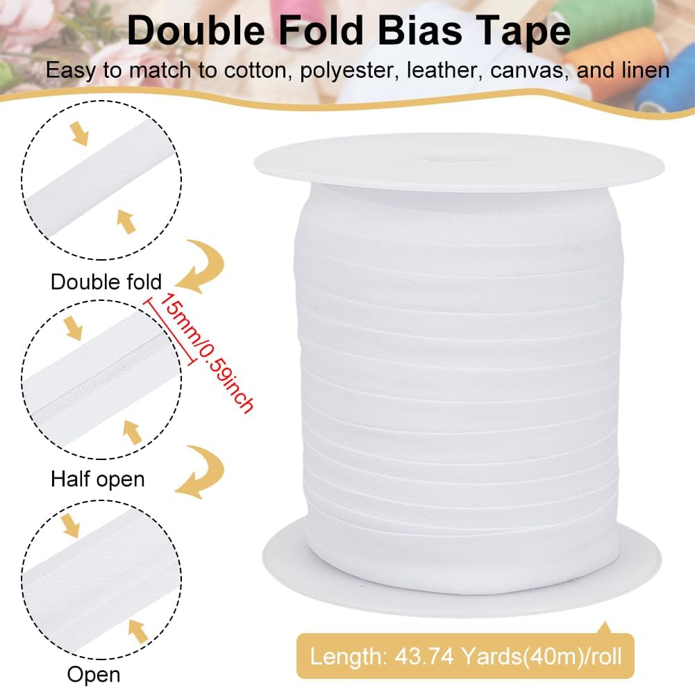BENECREAT 43.7 Yards Single Fold Bias Tape, 5/8 Inch Wide White Polycotton Bias Binding Tape Hemming Ribbon for DIY Garment Sewing, Seaming, Piping, Quilting