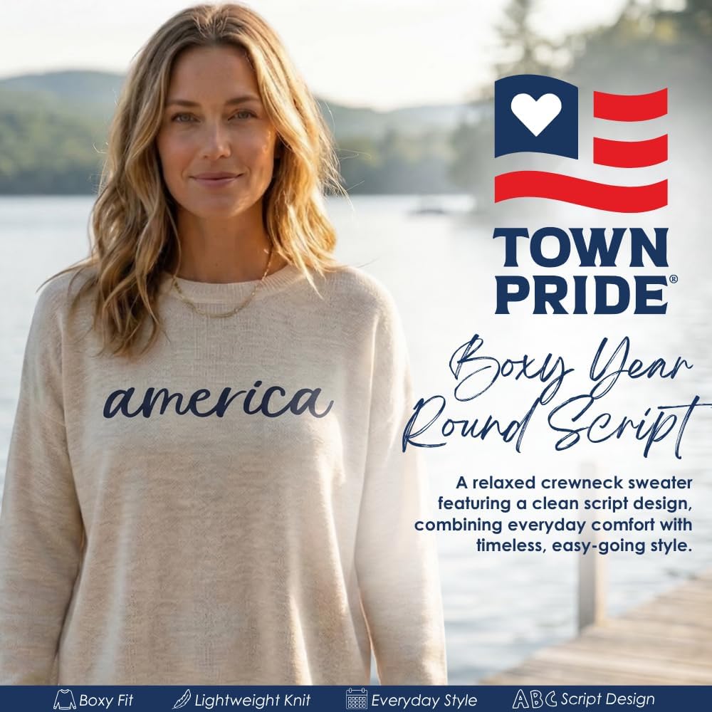 Women’s America Boxy Sweater, Patriotic Knit Top, Relaxed Fit Crewneck Pullover, Crafted in USA