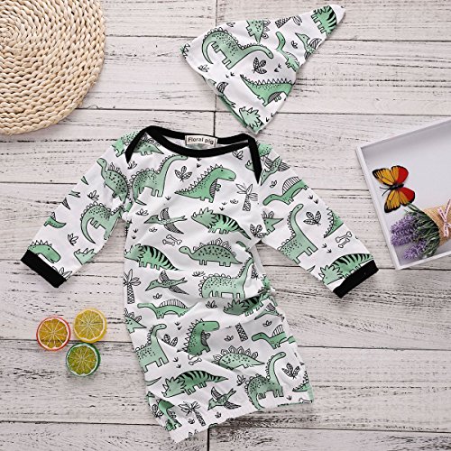 COLOOM Infant Baby Cartoon Dinosaur Pajamas Newborn Sleeper Gown Swaddle Hats 2Pcs Outfits, Green, one size (0-3M)2