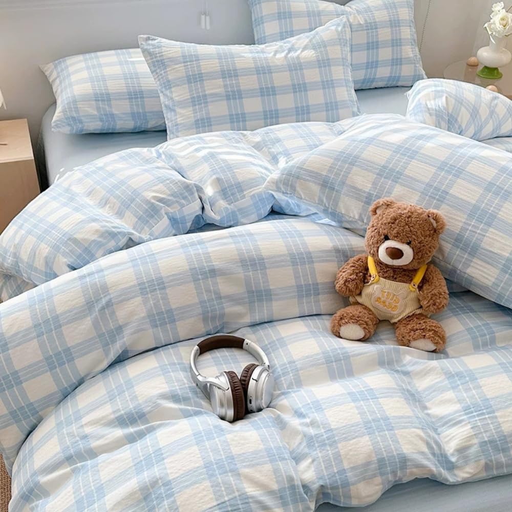 Michorinee King Size Duvet Cover Set Blue Gingham Pattern White Bedding Set