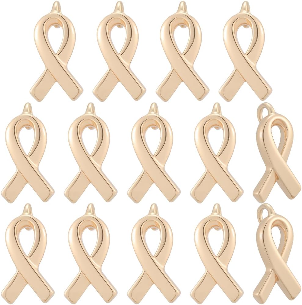 Beebeecraft 1 Box 14Pcs Awareness Ribbon Charms 18K Gold Plated Brass Cancer Hope Ribbon Charms for Jewelry Making DIY Necklace Bracelet, Tiny 9x5mm
