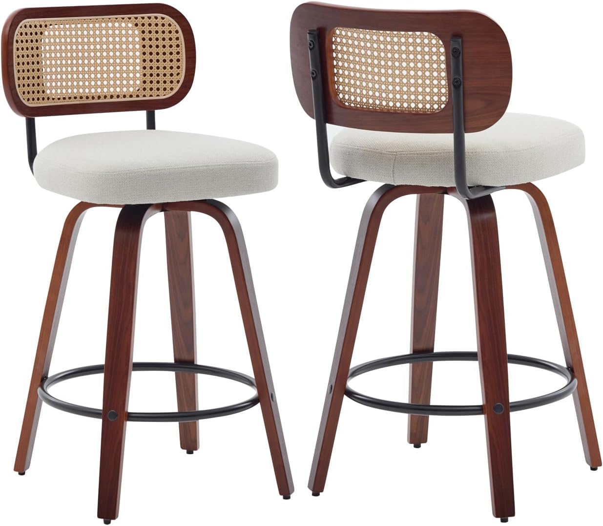 Counter Height Bar Stools Set of 2, 26 inch Swivel Bar Chairs with Curved Rattan Back, Linen Upholstered Seat, Walnut Craftsmanship, Mid Century Modern Counter Stools for Kitchen Counter, Beige