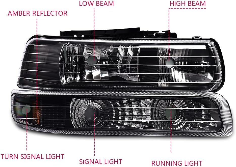 PIT66 Headlight Assembly Compatible with Chevy Silverado 1500 2500 99-02/Fit Silverado 1500HD 2500HD 3500 01-02/Fit 00-06 Tahoe Suburban Halogen Headlamps Clear Lens Black Housing Amber Reflector