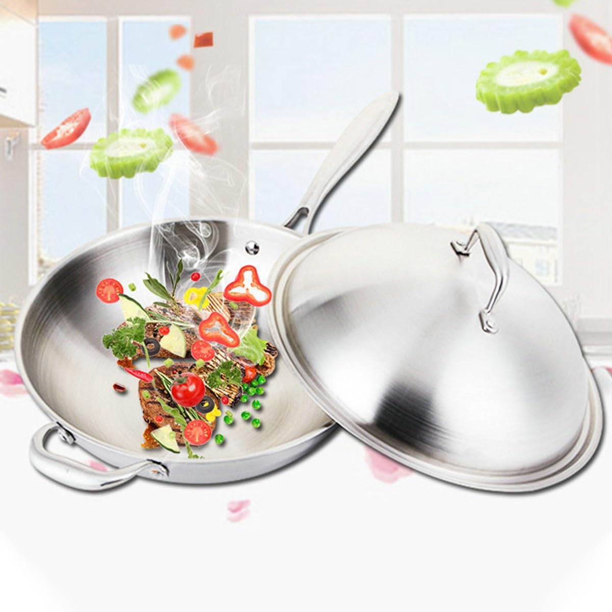 Padella wok antiaderente in acciaio inox da 34 cm, con coperchio, manico ergonomico, fondo piatto, compatibile con cottura a induzione, per mescolare e cuocere