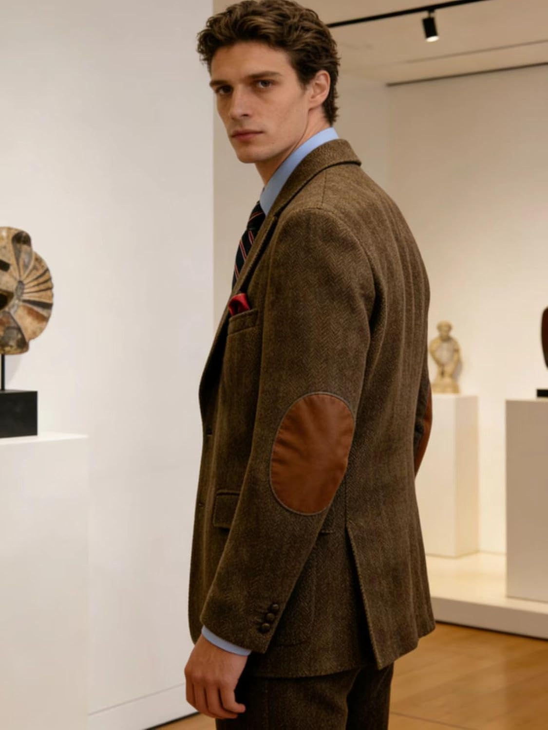 Men's Herringbone Tweed Blazer with Elbow Patches Business Casual Jacket Classic Lapel Sport Coat Flap Pockets
