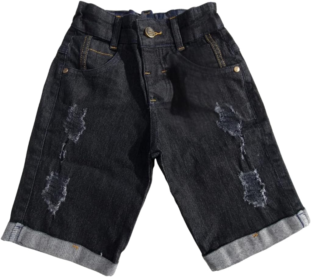 Bermuda Jeans Rasgada Infantil Menino com Lycra, Regulador na Cintura, 3 Bolsos Frontais, 2 Bolsos Traseiros, Tamanhos 2-6, Cor Preta